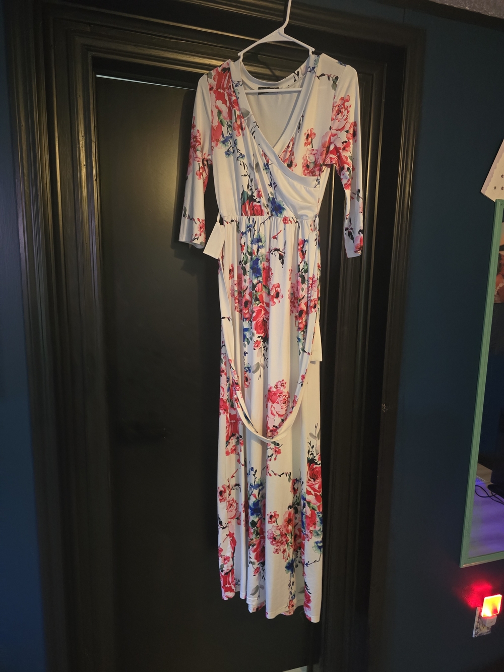 Floral Wrap Maxi Dress in White with Pink Roses